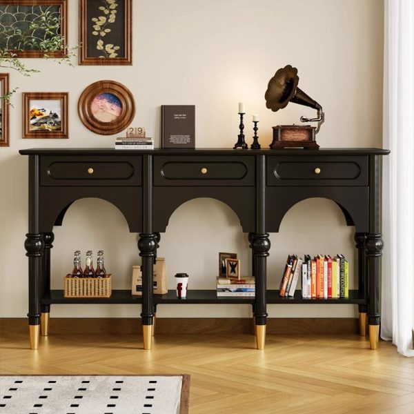 Traditional French Solid Wood & Metal Arched Roman Column Console Table With 3 Drawers & 2-Tier Storage For Entryway - Image 5