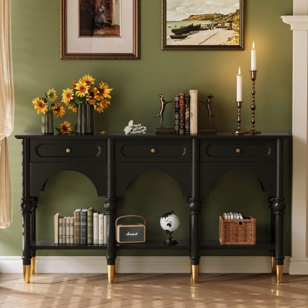 Traditional French Solid Wood & Metal Arched Roman Column Console Table With 3 Drawers & 2-Tier Storage For Entryway - Image 15