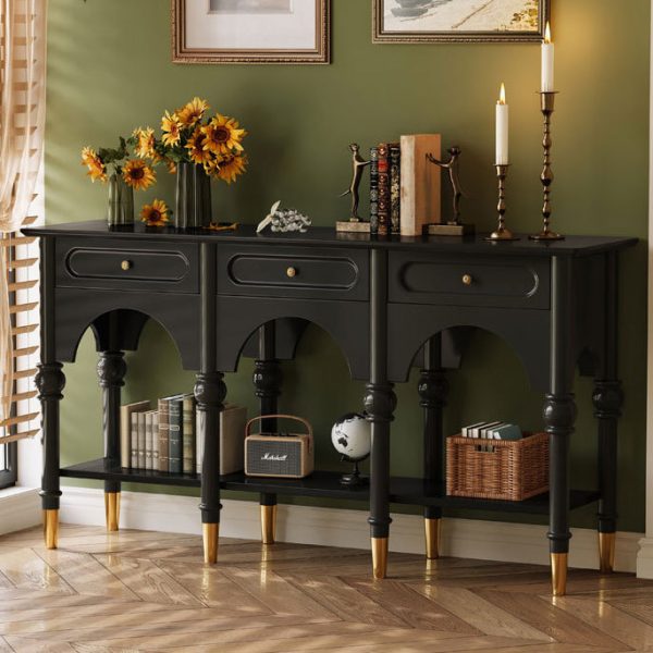 Traditional French Solid Wood & Metal Arched Roman Column Console Table With 3 Drawers & 2-Tier Storage For Entryway - Image 4
