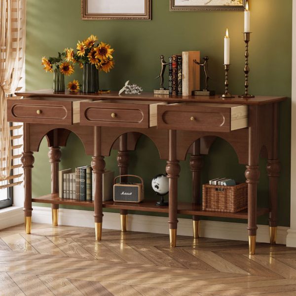 Traditional French Solid Wood & Metal Arched Roman Column Console Table With 3 Drawers & 2-Tier Storage For Entryway - Image 3