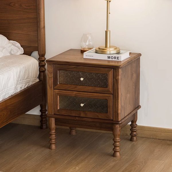 Contemporary Retro Solid Wood Glass Metal Rectangular Nightstand 2 Drawers For Bedside Storage - Image 4