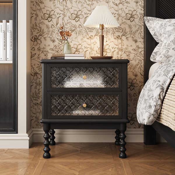 Contemporary Retro Solid Wood Glass Metal Rectangular Nightstand 2 Drawers For Bedside Storage - Image 3