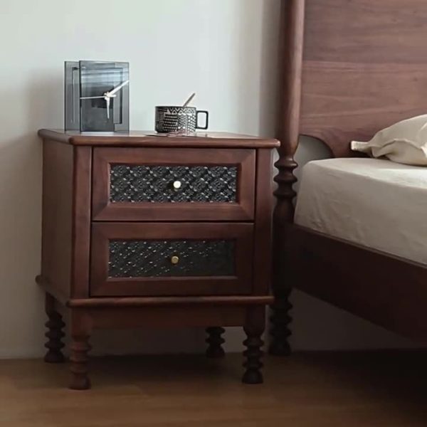 Contemporary Retro Solid Wood Glass Metal Rectangular Nightstand 2 Drawers For Bedside Storage - Image 8
