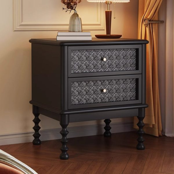 Contemporary Retro Solid Wood Glass Metal Rectangular Nightstand 2 Drawers For Bedside Storage - Image 2