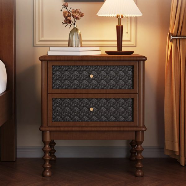 Contemporary Retro Solid Wood Glass Metal Rectangular Nightstand 2 Drawers For Bedside Storage - Image 5