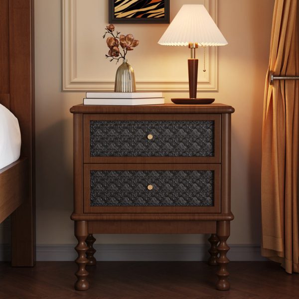 Contemporary Retro Solid Wood Glass Metal Rectangular Nightstand 2 Drawers For Bedside Storage - Image 17