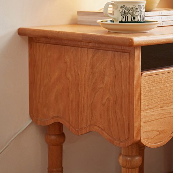 Traditional Japanese Cherry Wood Rectangular Wave-Design Nightstand With 1 Drawer Ideal For Bedroom Storage - Image 13
