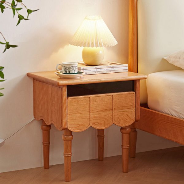 Traditional Japanese Cherry Wood Rectangular Wave-Design Nightstand With 1 Drawer Ideal For Bedroom Storage - Image 7