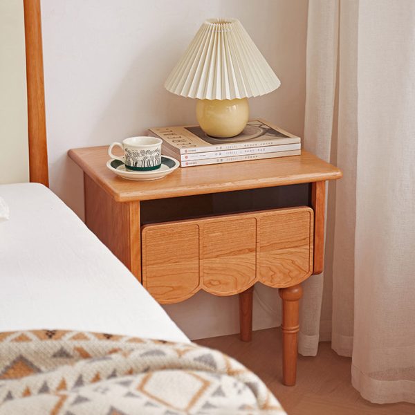 Traditional Japanese Cherry Wood Rectangular Wave-Design Nightstand With 1 Drawer Ideal For Bedroom Storage - Image 4