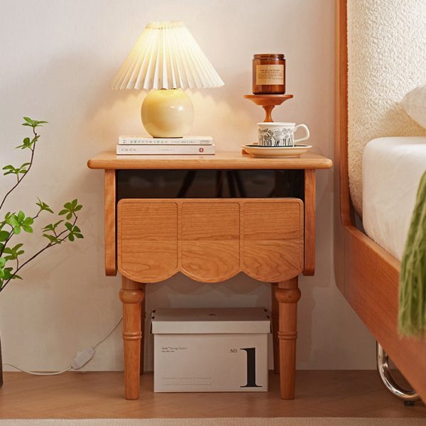 Traditional Japanese Cherry Wood Rectangular Wave-Design Nightstand With 1 Drawer Ideal For Bedroom Storage - Image 24