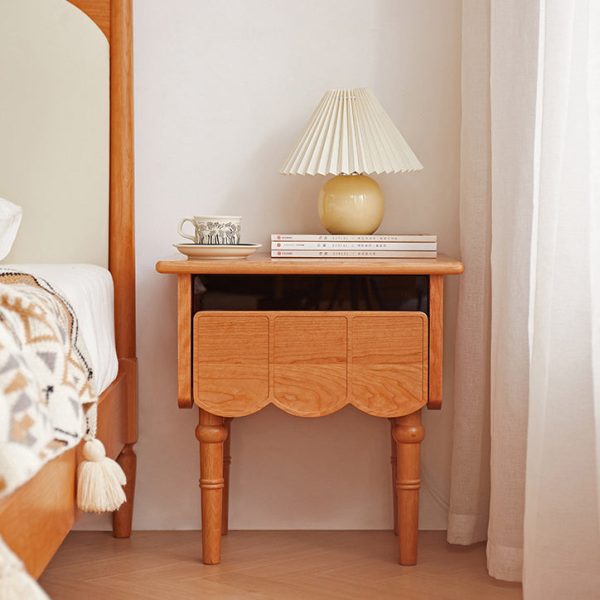Traditional Japanese Cherry Wood Rectangular Wave-Design Nightstand With 1 Drawer Ideal For Bedroom Storage - Image 3