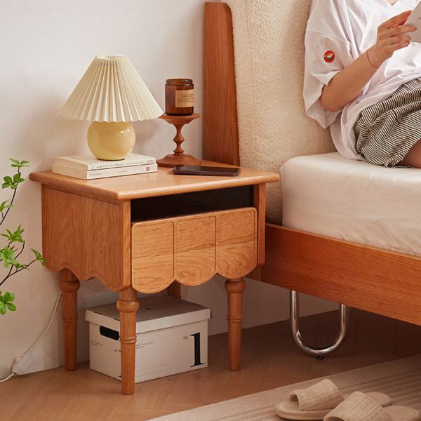 Traditional Japanese Cherry Wood Rectangular Wave-Design Nightstand With 1 Drawer Ideal For Bedroom Storage - Image 6