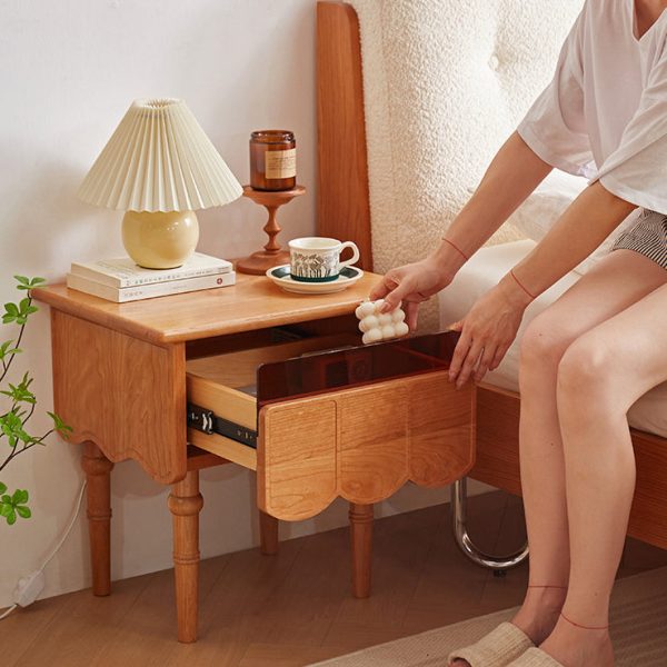 Traditional Japanese Cherry Wood Rectangular Wave-Design Nightstand With 1 Drawer Ideal For Bedroom Storage - Image 22