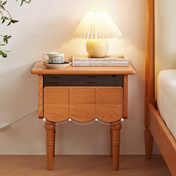 Traditional Japanese Cherry Wood Rectangular Wave-Design Nightstand With 1 Drawer Ideal For Bedroom Storage - Image 2