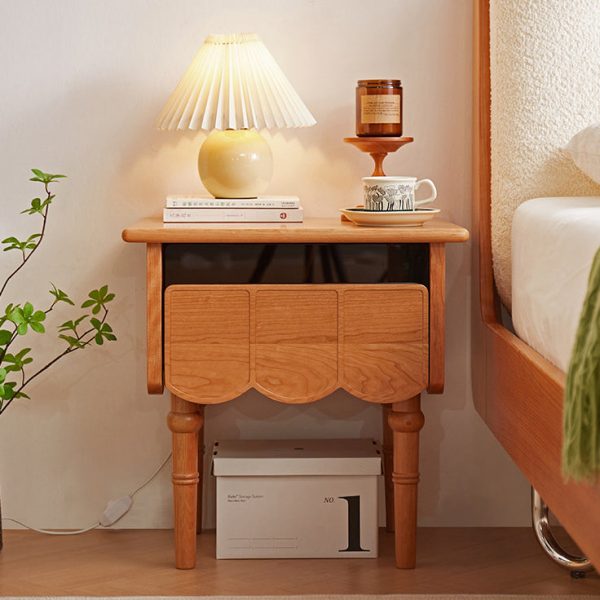 Traditional Japanese Cherry Wood Rectangular Wave-Design Nightstand With 1 Drawer Ideal For Bedroom Storage - Image 5