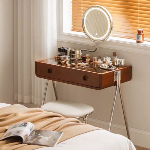 Contemporary Retro Solid Wood Stainless Steel & Glass Rectangular Makeup Vanity 1-Drawer Storage For Bedroom - Image 4