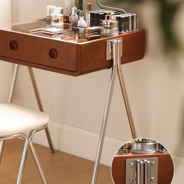 Contemporary Retro Solid Wood Stainless Steel & Glass Rectangular Makeup Vanity 1-Drawer Storage For Bedroom - Image 18