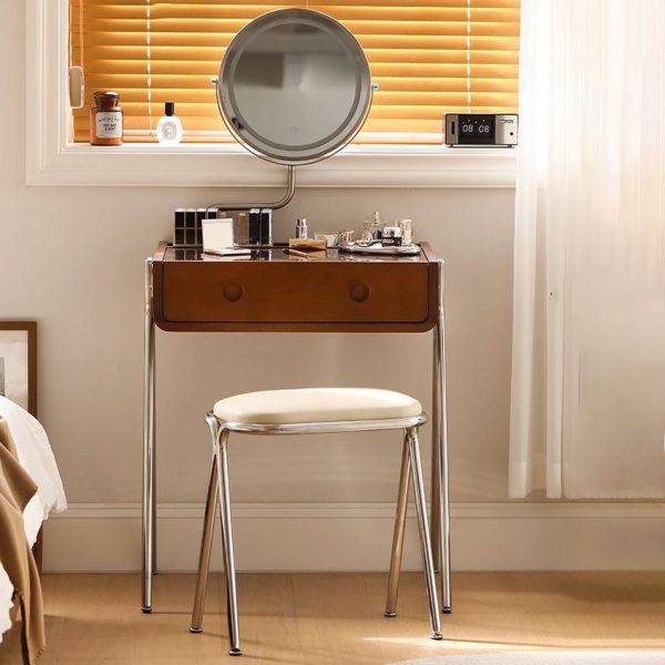 Contemporary Retro Solid Wood Stainless Steel & Glass Rectangular Makeup Vanity 1-Drawer Storage For Bedroom - Image 2