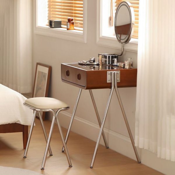 Contemporary Retro Solid Wood Stainless Steel & Glass Rectangular Makeup Vanity 1-Drawer Storage For Bedroom - Image 3