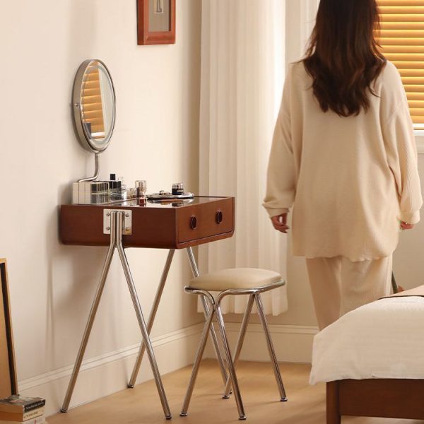 Contemporary Retro Solid Wood Stainless Steel & Glass Rectangular Makeup Vanity 1-Drawer Storage For Bedroom - Image 14