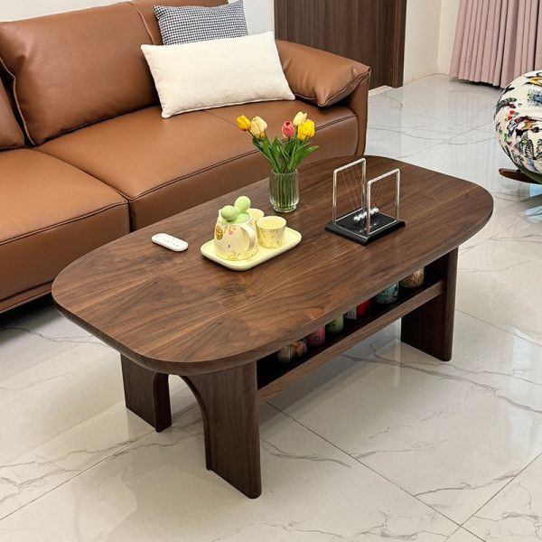 Contemporary Retro Solid Wood & Slab Oval Coffee Table With 2 Drawers And Pull-Out Shelf For Living Room - Image 3