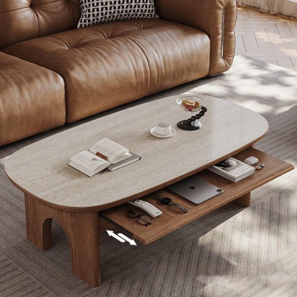Contemporary Retro Solid Wood & Slab Oval Coffee Table With 2 Drawers And Pull-Out Shelf For Living Room - Image 9