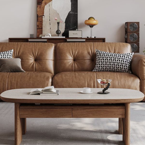 Contemporary Retro Solid Wood & Slab Oval Coffee Table With 2 Drawers And Pull-Out Shelf For Living Room - Image 14