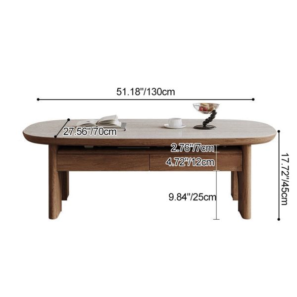 Contemporary Retro Solid Wood & Slab Oval Coffee Table With 2 Drawers And Pull-Out Shelf For Living Room - Image 7