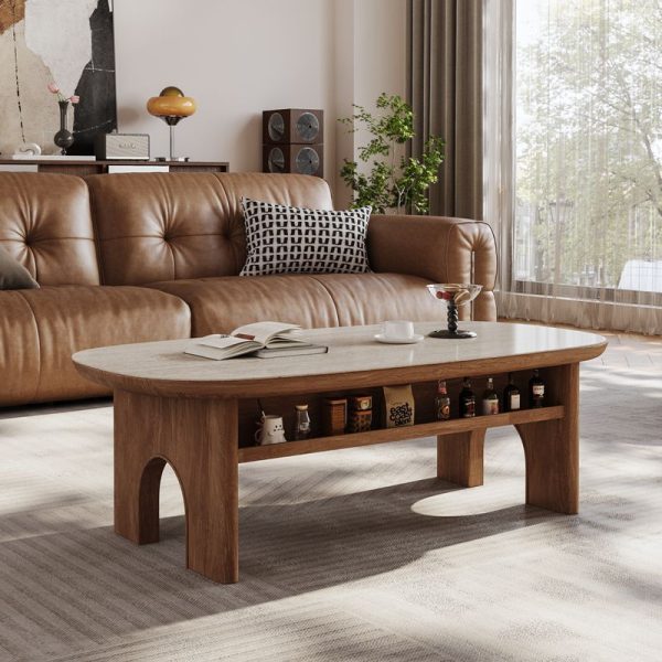 Contemporary Retro Solid Wood & Slab Oval Coffee Table With 2 Drawers And Pull-Out Shelf For Living Room - Image 16