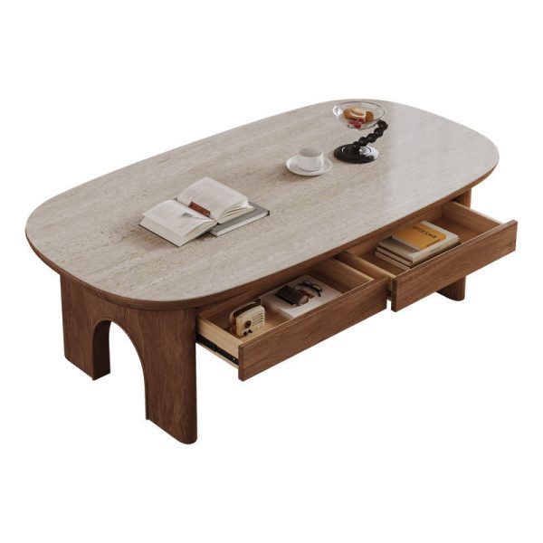Contemporary Retro Solid Wood & Slab Oval Coffee Table With 2 Drawers And Pull-Out Shelf For Living Room - Image 17