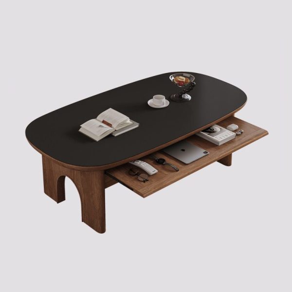 Contemporary Retro Solid Wood & Slab Oval Coffee Table With 2 Drawers And Pull-Out Shelf For Living Room - Image 19