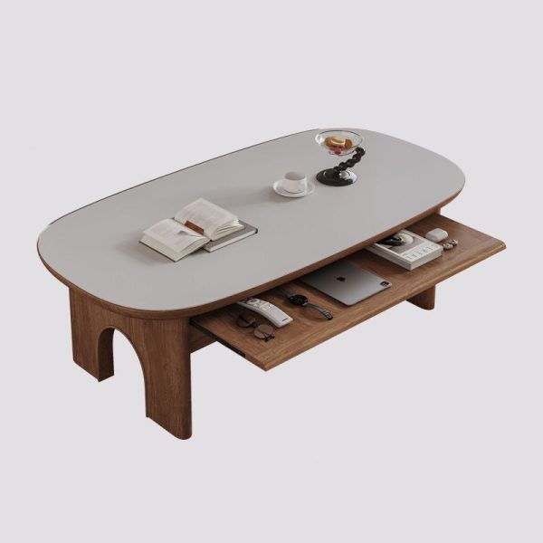 Contemporary Retro Solid Wood & Slab Oval Coffee Table With 2 Drawers And Pull-Out Shelf For Living Room - Image 18