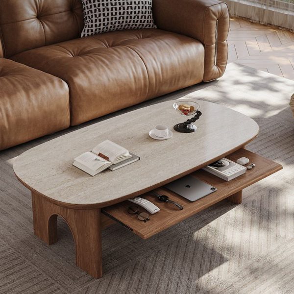 Contemporary Retro Solid Wood & Slab Oval Coffee Table With 2 Drawers And Pull-Out Shelf For Living Room
