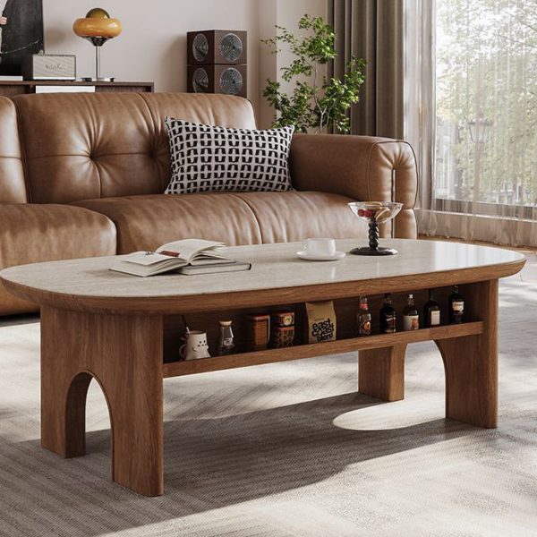 Contemporary Retro Solid Wood & Slab Oval Coffee Table With 2 Drawers And Pull-Out Shelf For Living Room - Image 2