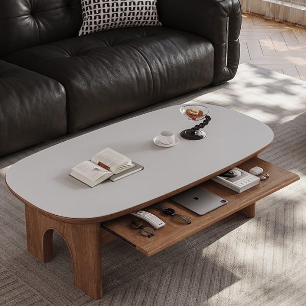 Contemporary Retro Solid Wood & Slab Oval Coffee Table With 2 Drawers And Pull-Out Shelf For Living Room - Image 6