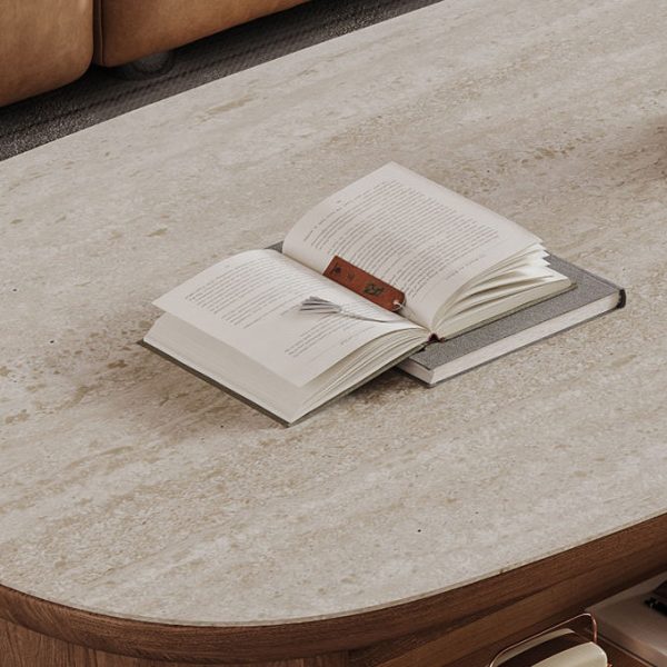Contemporary Retro Solid Wood & Slab Oval Coffee Table With 2 Drawers And Pull-Out Shelf For Living Room - Image 8