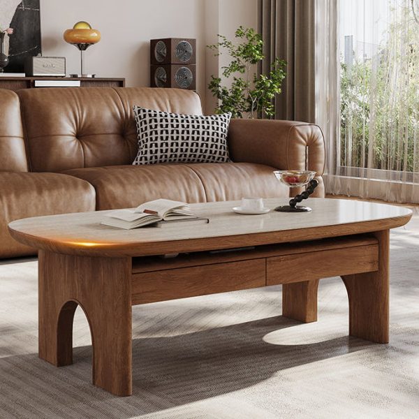 Contemporary Retro Solid Wood & Slab Oval Coffee Table With 2 Drawers And Pull-Out Shelf For Living Room - Image 4