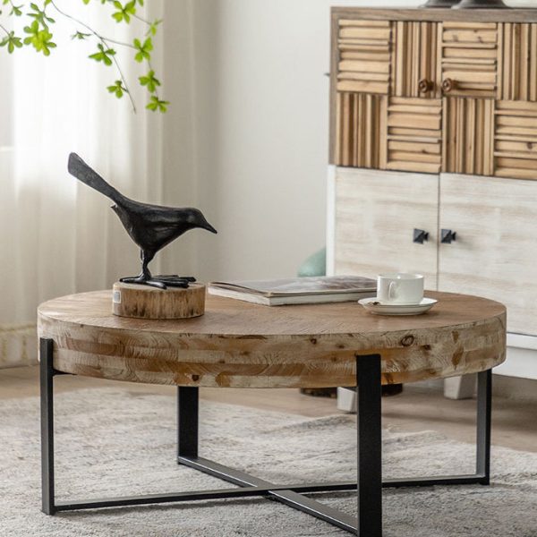 Traditional Vintage Wood & Iron Round Low Coffee Table With X-Shaped Leg For Living Room