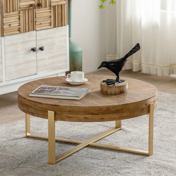 Traditional Vintage Wood & Iron Round Low Coffee Table With X-Shaped Leg For Living Room - Image 4