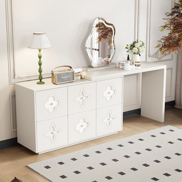 Traditional French Solid Wood Rectangular Clover Pattern Makeup Vanity & Chair Set With Mirror And 6 Drawers For Bedroom - Image 2