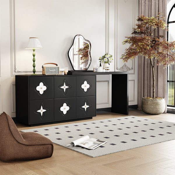 Traditional French Solid Wood Rectangular Clover Pattern Makeup Vanity & Chair Set With Mirror And 6 Drawers For Bedroom - Image 4