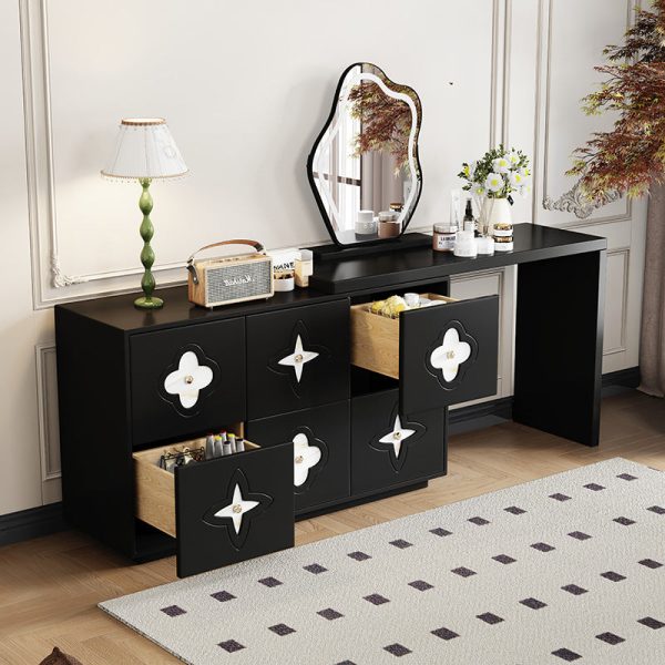 Traditional French Solid Wood Rectangular Clover Pattern Makeup Vanity & Chair Set With Mirror And 6 Drawers For Bedroom - Image 3