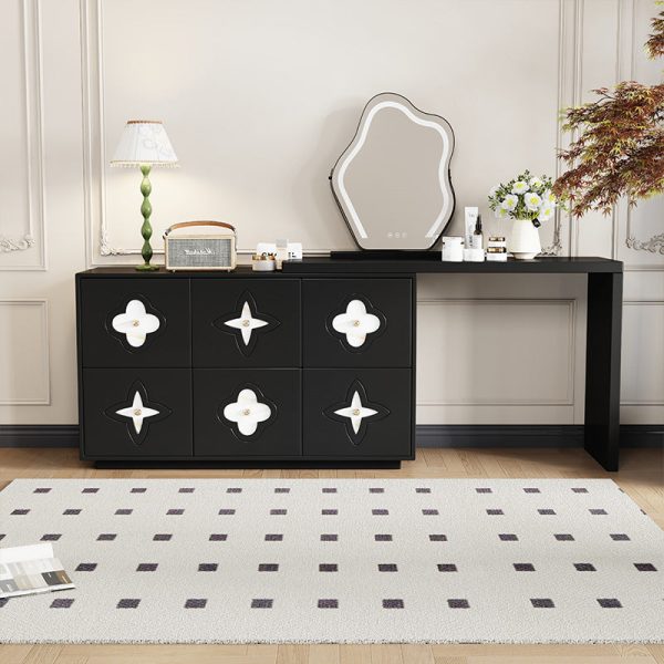 Traditional French Solid Wood Rectangular Clover Pattern Makeup Vanity & Chair Set With Mirror And 6 Drawers For Bedroom - Image 16