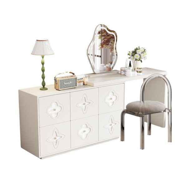 Traditional French Solid Wood Rectangular Clover Pattern Makeup Vanity & Chair Set With Mirror And 6 Drawers For Bedroom - Image 17