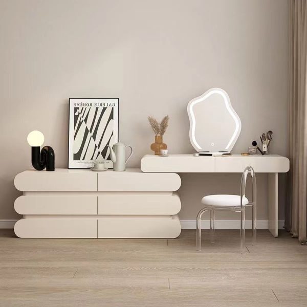 Traditional French Solid Wood Rectangular Clover Pattern Makeup Vanity & Chair Set With Mirror And 6 Drawers For Bedroom - Image 14