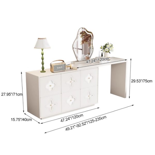 Traditional French Solid Wood Rectangular Clover Pattern Makeup Vanity & Chair Set With Mirror And 6 Drawers For Bedroom - Image 6