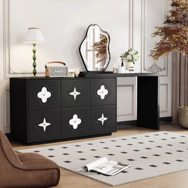 Traditional French Solid Wood Rectangular Clover Pattern Makeup Vanity & Chair Set With Mirror And 6 Drawers For Bedroom - Image 15