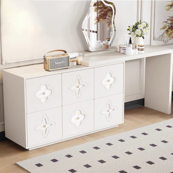 Traditional French Solid Wood Rectangular Clover Pattern Makeup Vanity & Chair Set With Mirror And 6 Drawers For Bedroom - Image 12