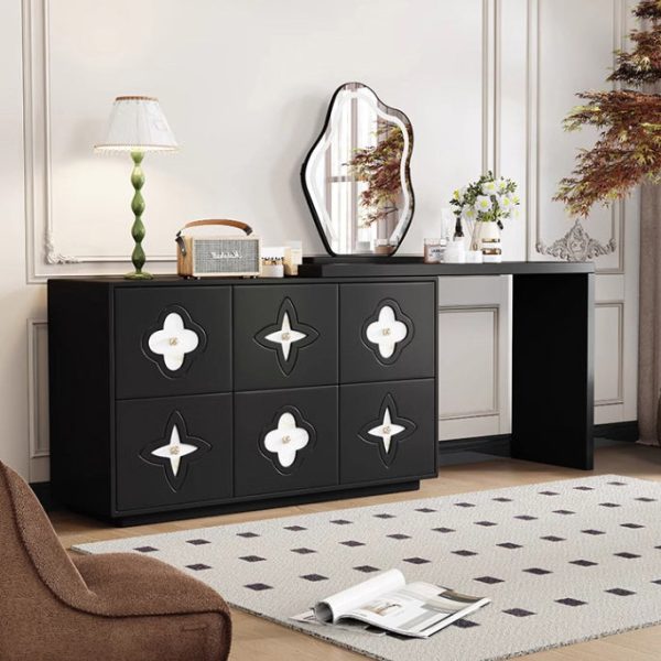 Traditional French Solid Wood Rectangular Clover Pattern Makeup Vanity & Chair Set With Mirror And 6 Drawers For Bedroom - Image 5