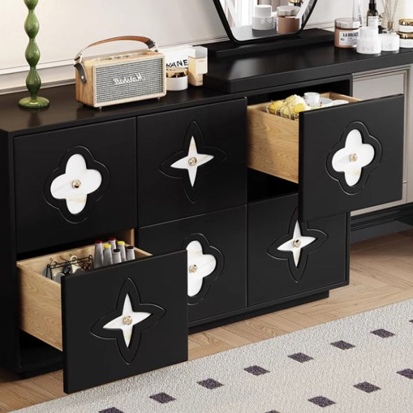 Traditional French Solid Wood Rectangular Clover Pattern Makeup Vanity & Chair Set With Mirror And 6 Drawers For Bedroom - Image 10